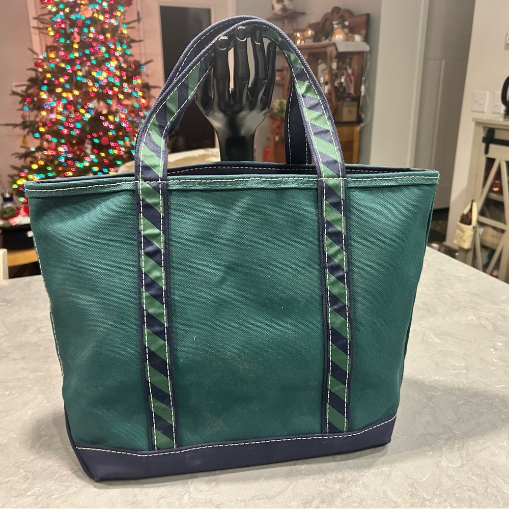 Vtg 1990’s LL Bean Boat And Tote Two Tone Green Canvas Tote Bag Striped Handles